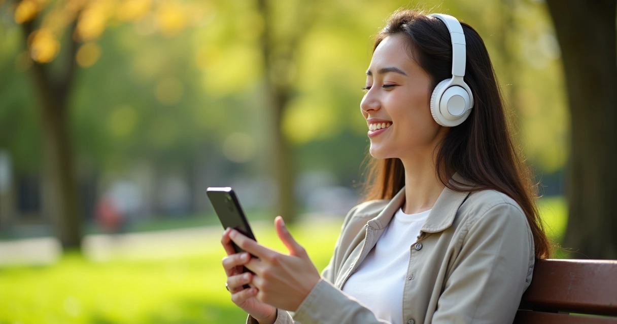 Mulher sorrindo com fones de ouvido bluetooth 