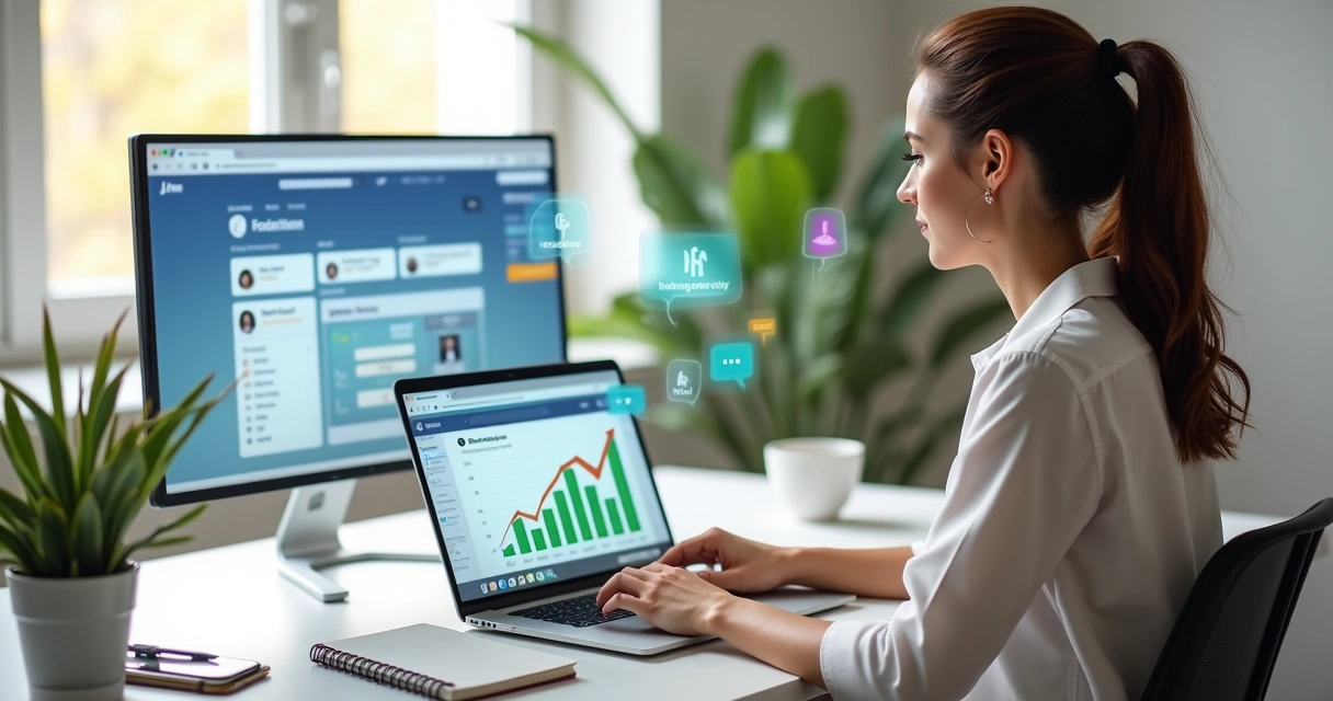 Mulher usando notebook para monetizar grupo do Facebook com gráfico de renda em alta 