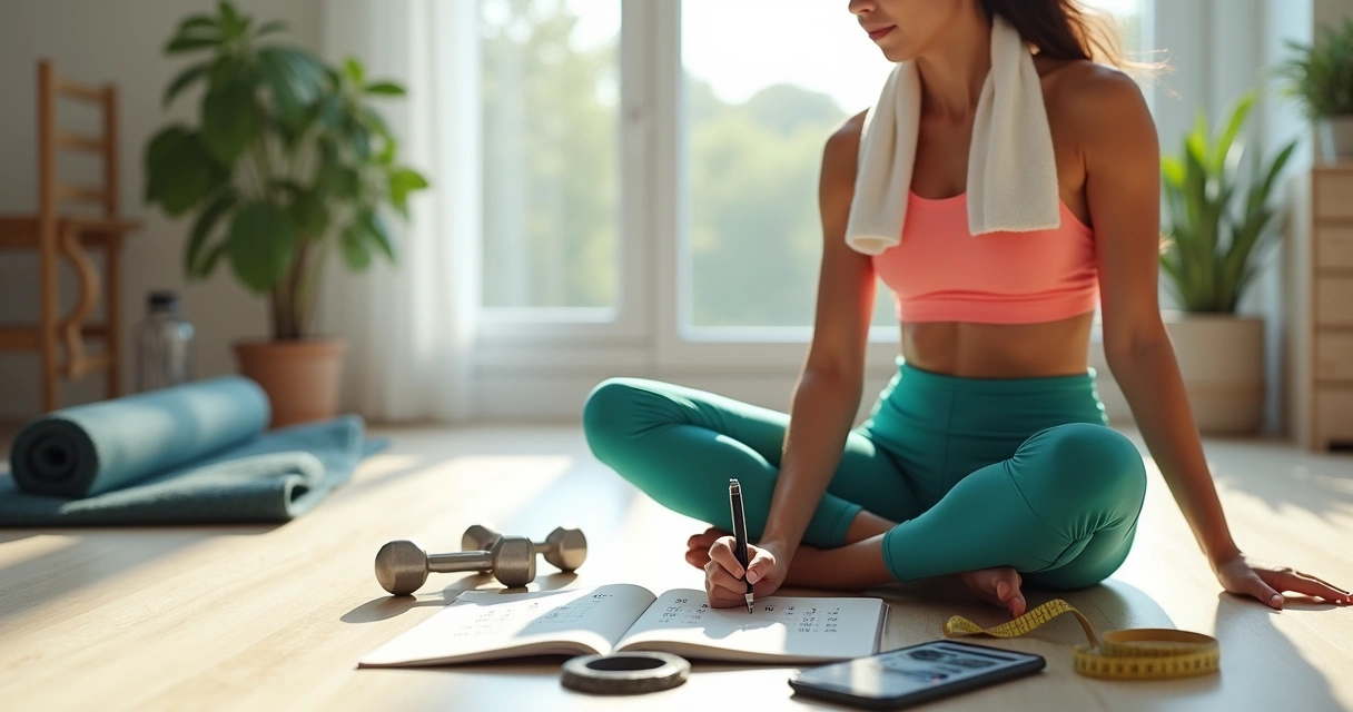 Mulher anotando evolução de treino em caderno ao lado de halteres e smartphone 