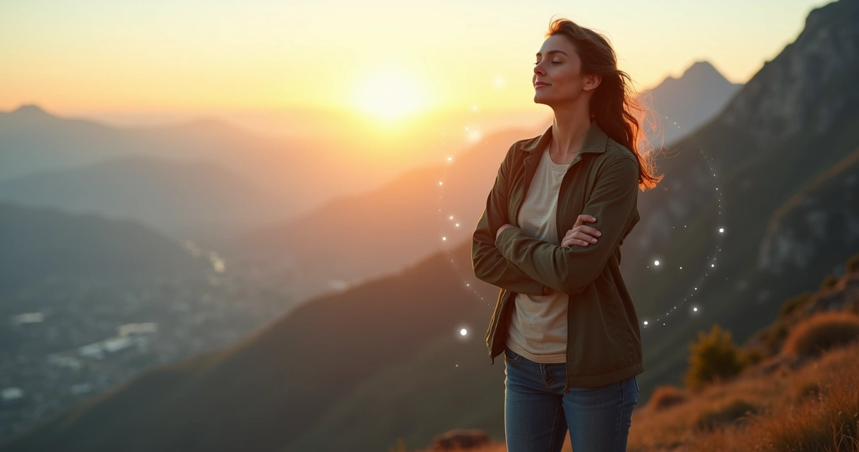 Mulher de pé no topo de montanha ao nascer do sol de olhos fechados em postura confiante 