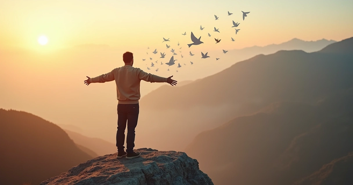 Pessoa olhando horizonte ao sol em topo de montanha 