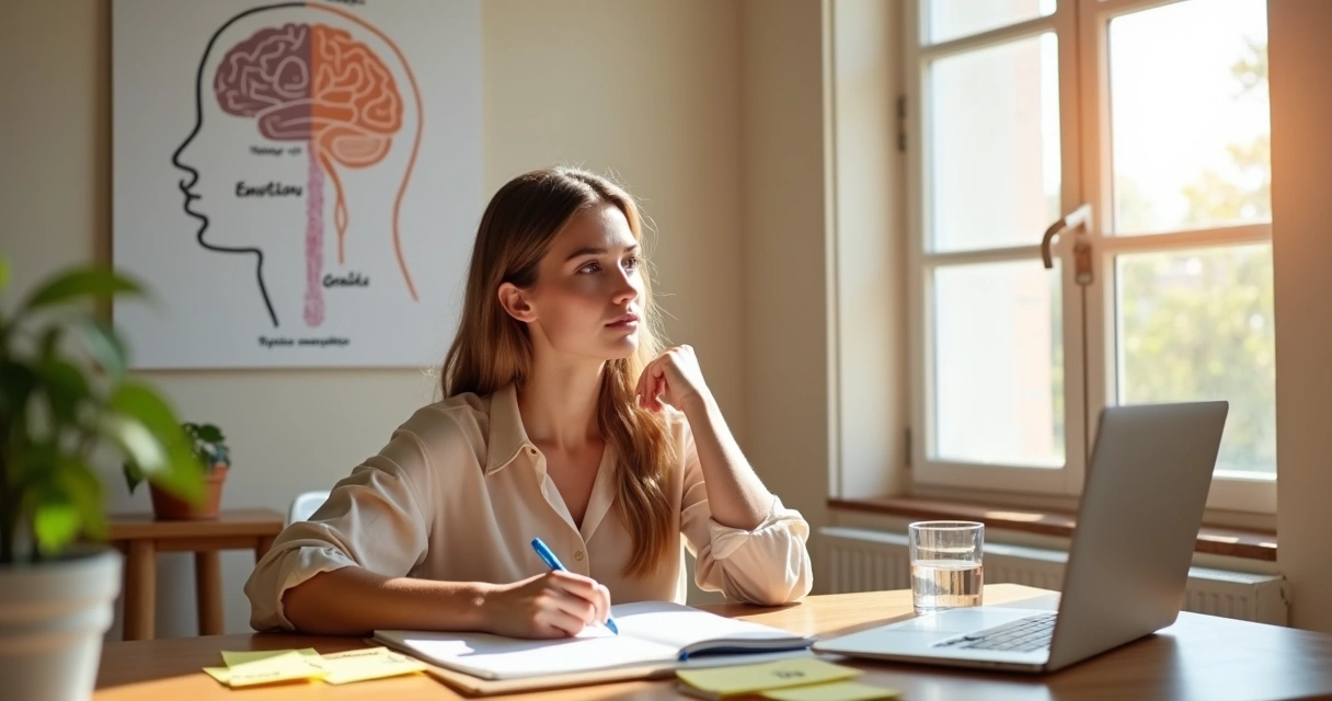 Mulher sentada refletindo com caderno e desenhos de corpo e mente ao fundo 