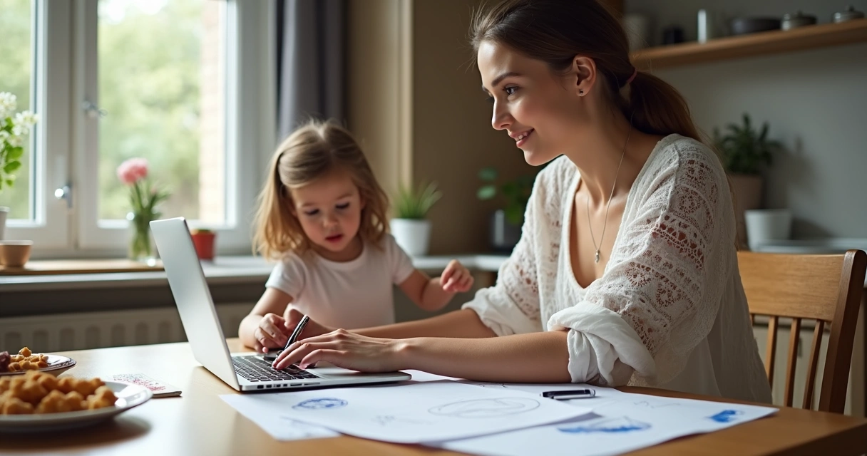 Mulher trabalha em notebook enquanto cuida da filha e faz tarefas domésticas