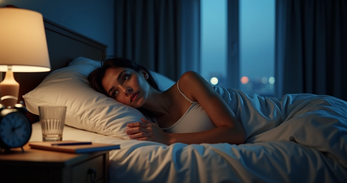 Mulher deitada na cama acordada à noite, olhando pensativa para o teto