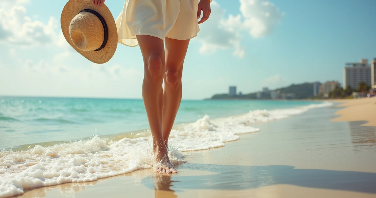 Mulher caminhando à beira-mar destacando pernas lisas e saudáveis 