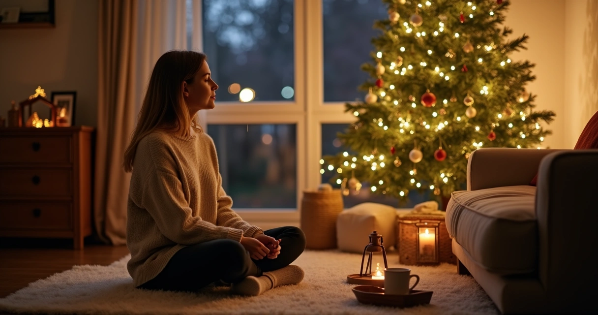 Mulher sentada em silêncio perto da árvore de Natal com luzes suaves 