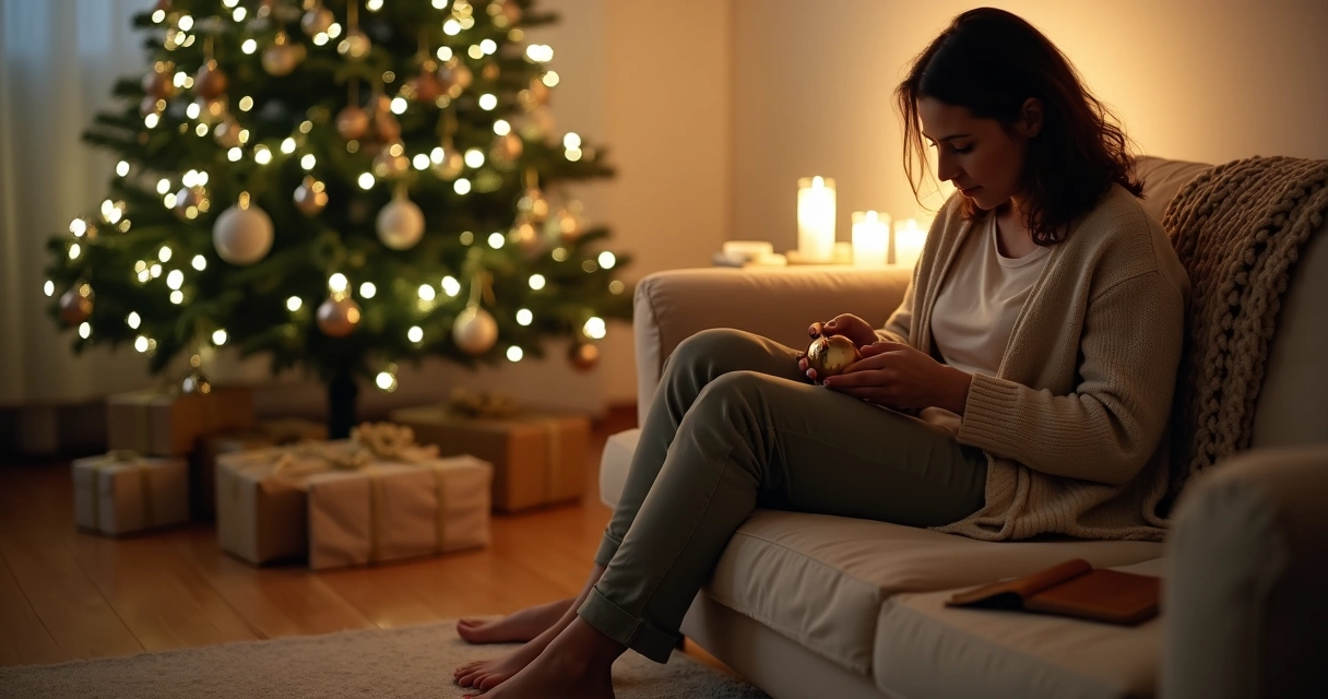 Mulher segurando ornamento de Natal aos pés da árvore com expressão pensativa 