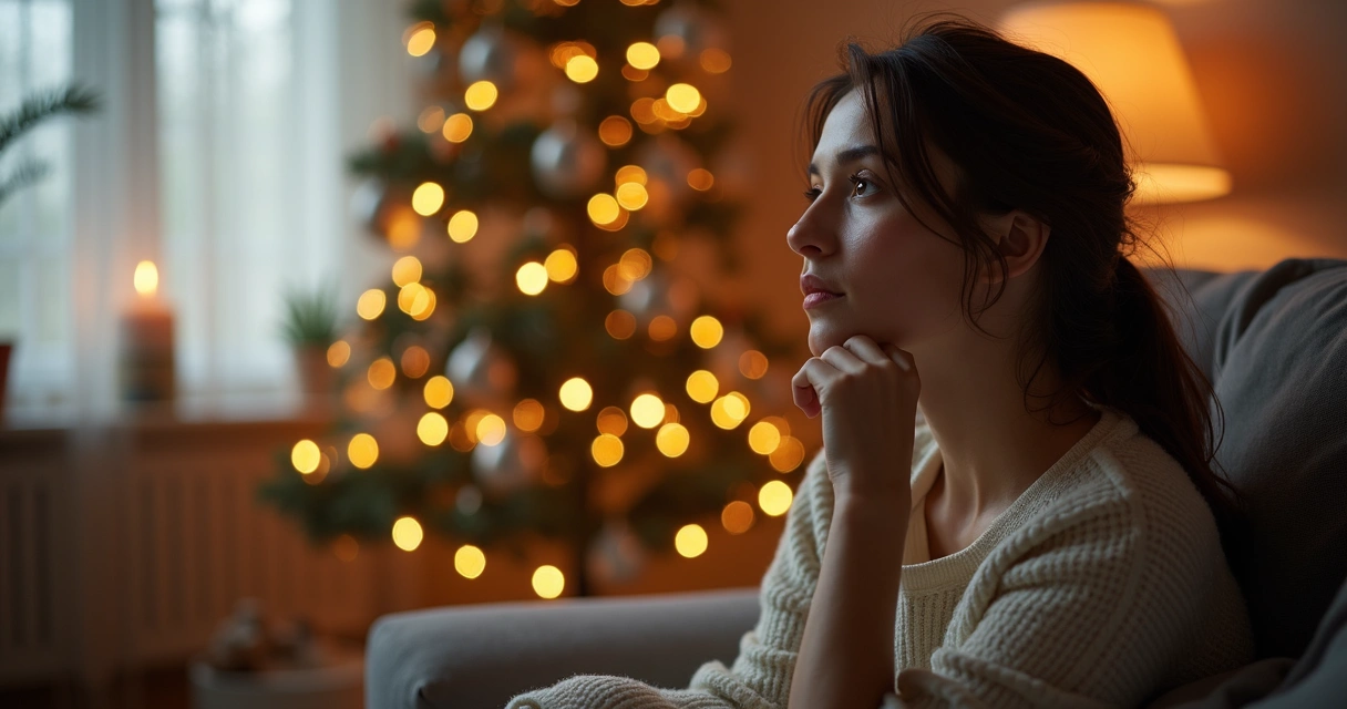 Mulher sentada olhando para uma árvore de Natal, ambiente calmo e decorado com luzes suaves 