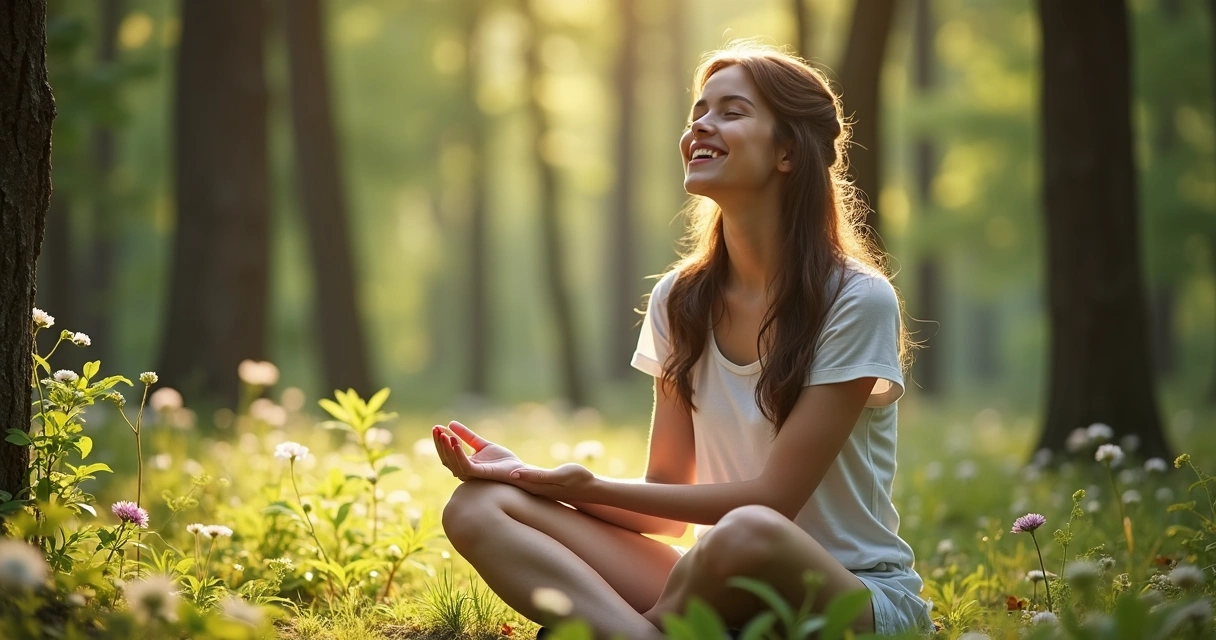 Mulher sentada ao ar livre meditando em meio à floresta 