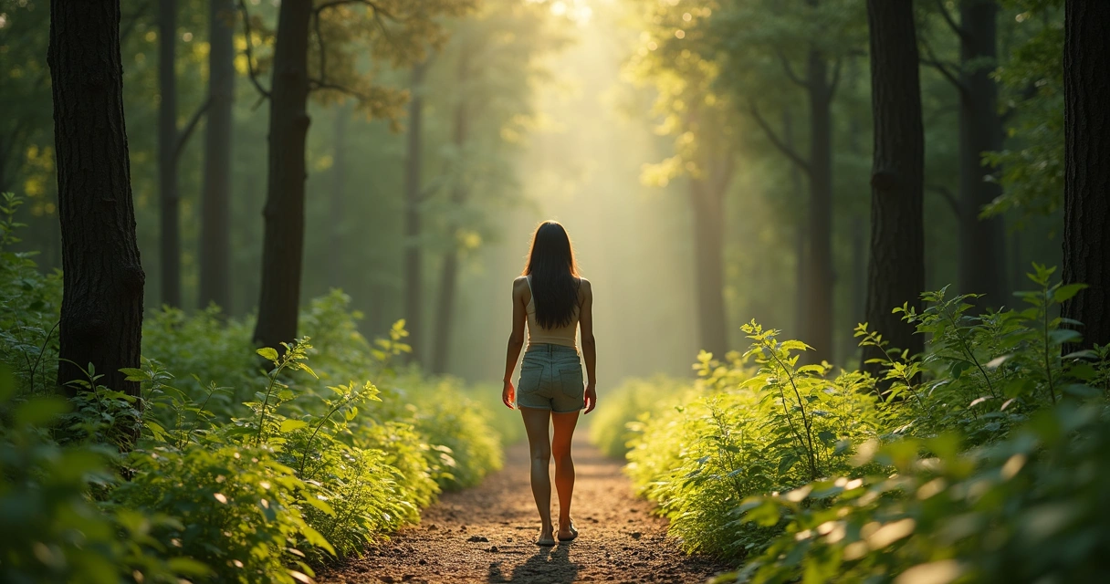 Mulher caminhando em silêncio na natureza, cercada por árvores 
