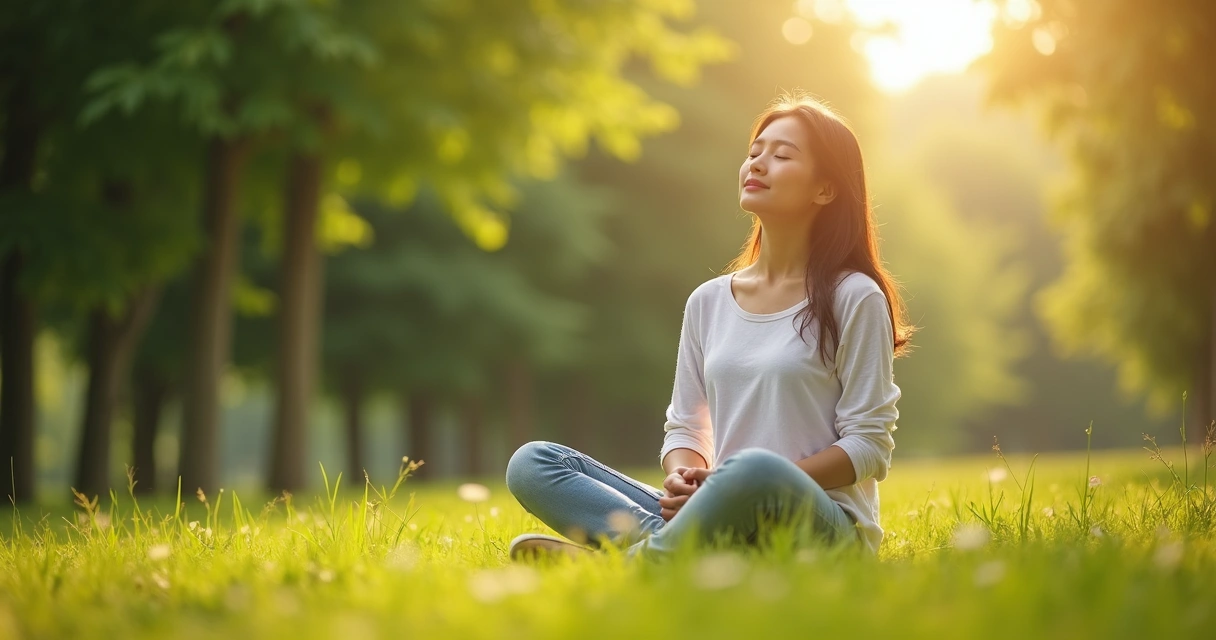 Mulher sentada em meio à natureza em postura relaxada e serena 