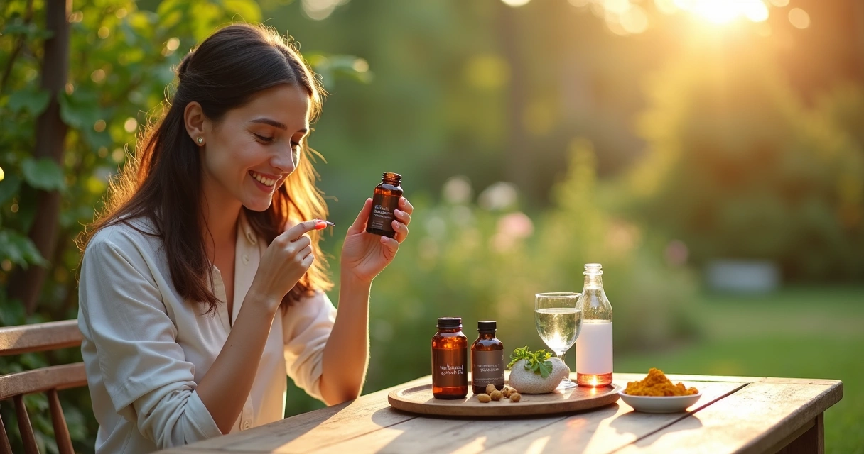 Mulher adulta observa frascos de suplementos naturais sobre a mesa ao ar livre 