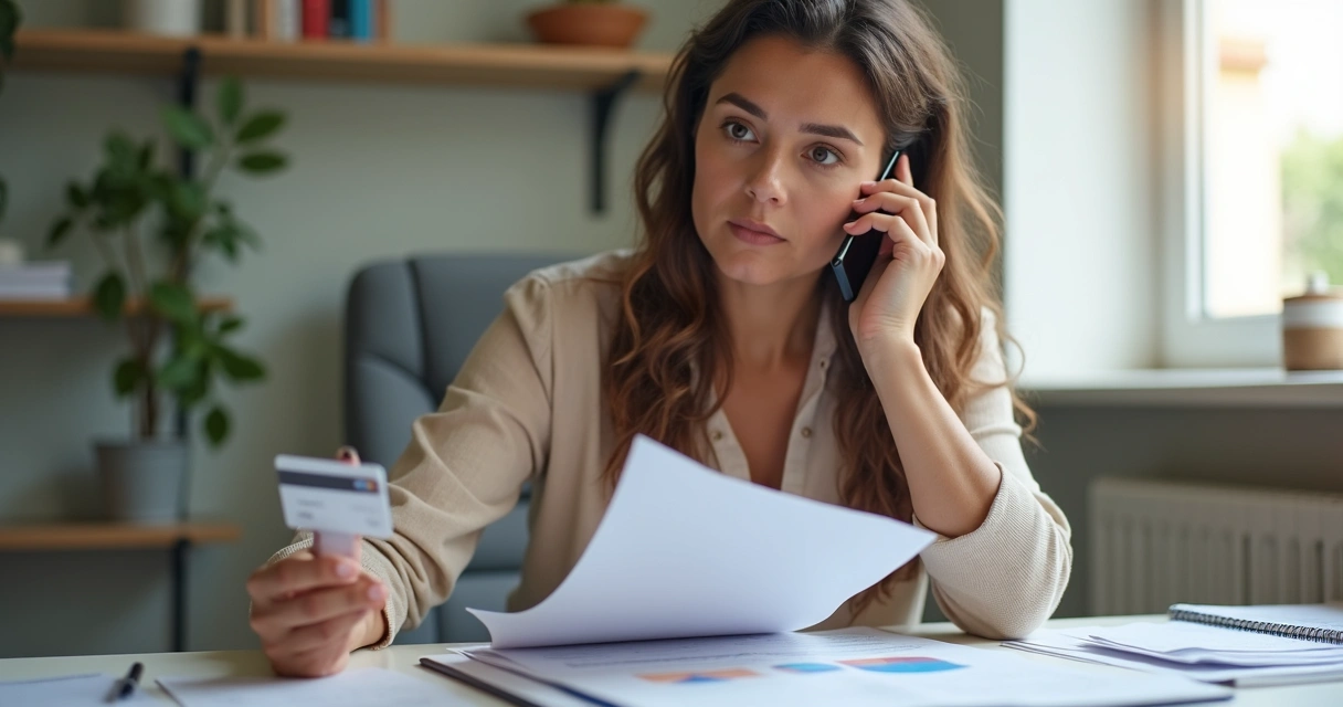 Mulher segurando cartão de crédito e falando ao telefone 