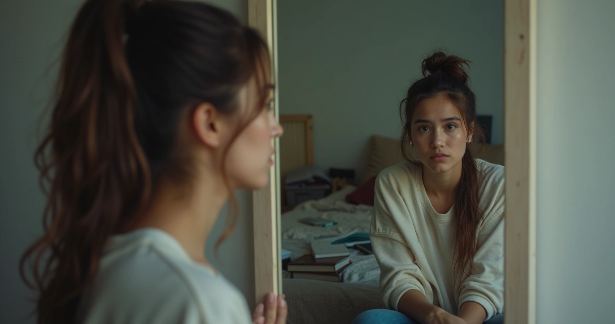 Mulher observa seu reflexo no espelho, expressando dúvida e exigência interna 