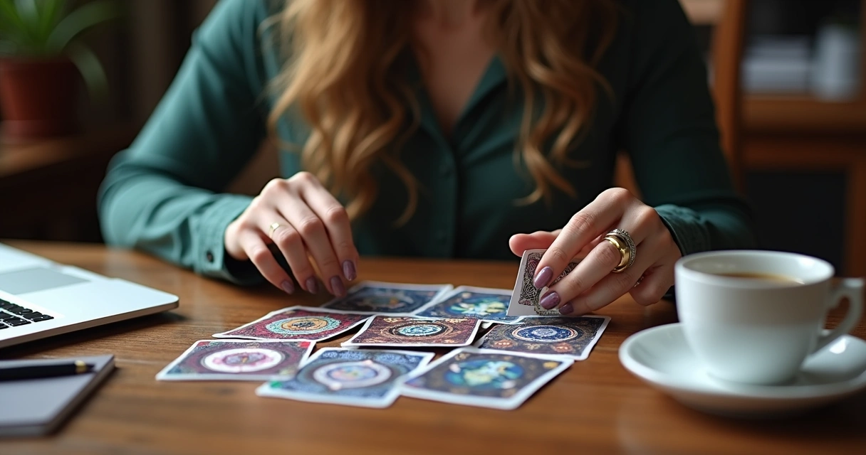 Mulher sentada à mesa, analisando cartas de baralho cigano com objetos de trabalho ao redor 