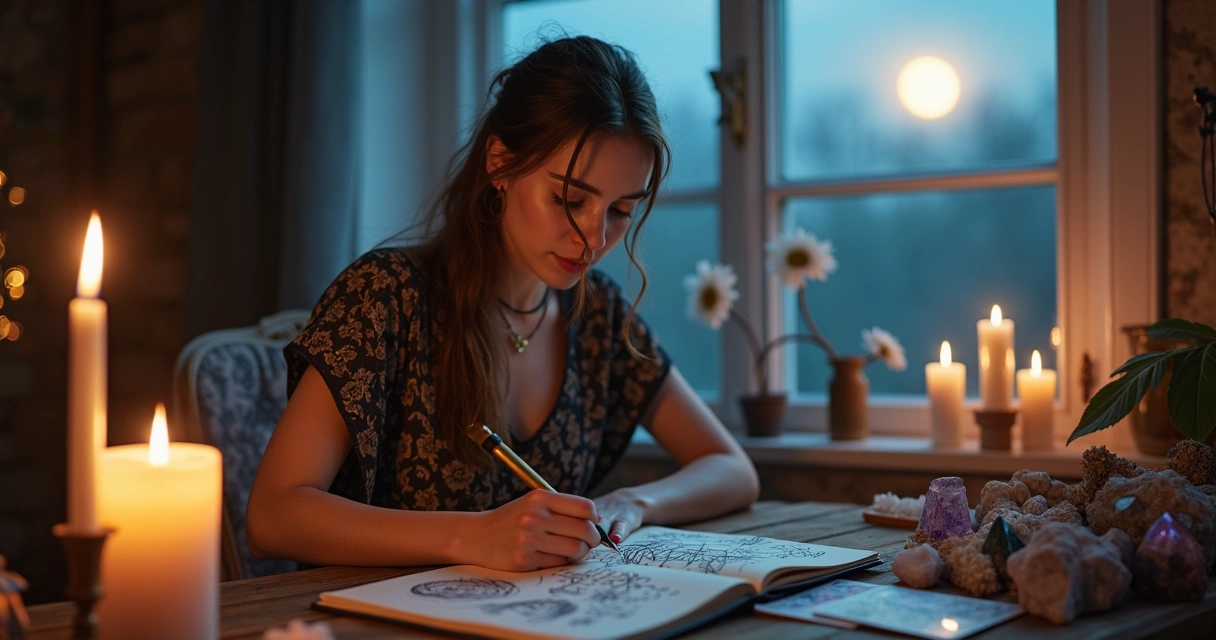 Mulher escrevendo em caderno com símbolos místicos desenhados 