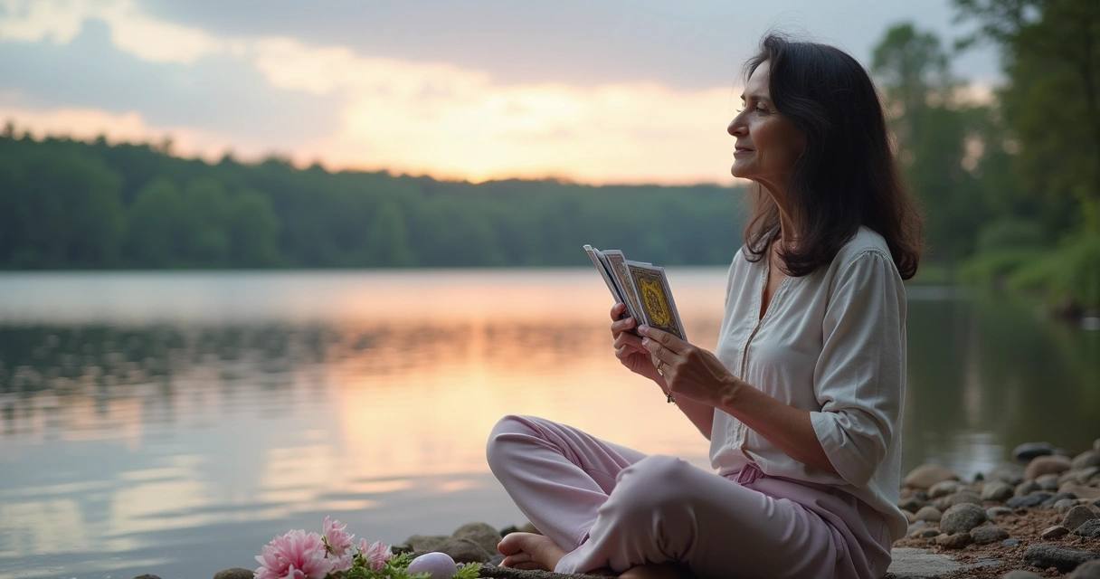Mulher sentada à beira de lago, tranquila, segurando cartas de tarot