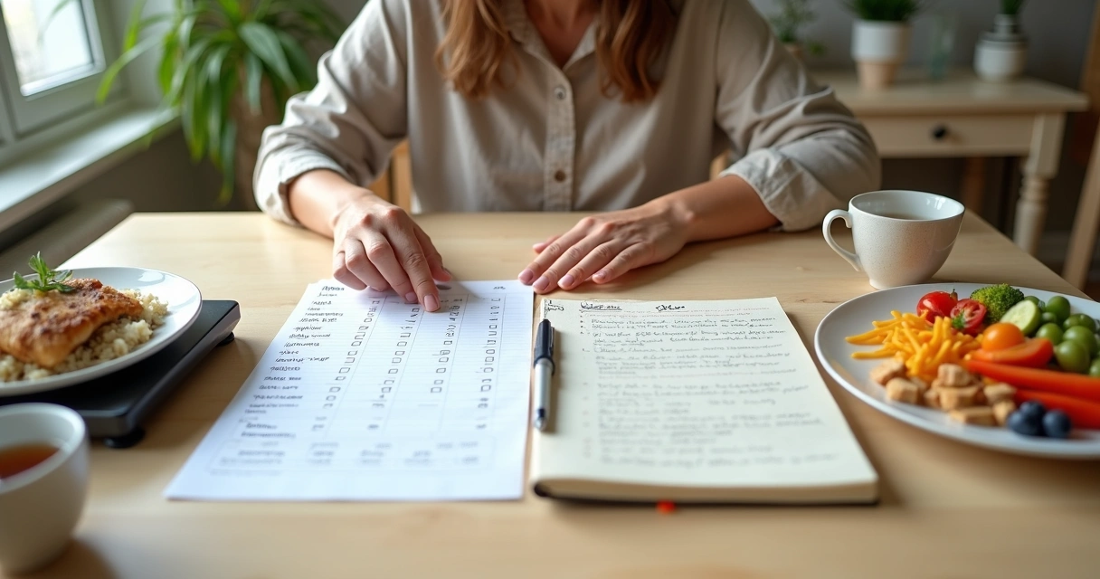Mulher dividida entre folha de dieta e bloco de terapia alimentar na mesma mesa 