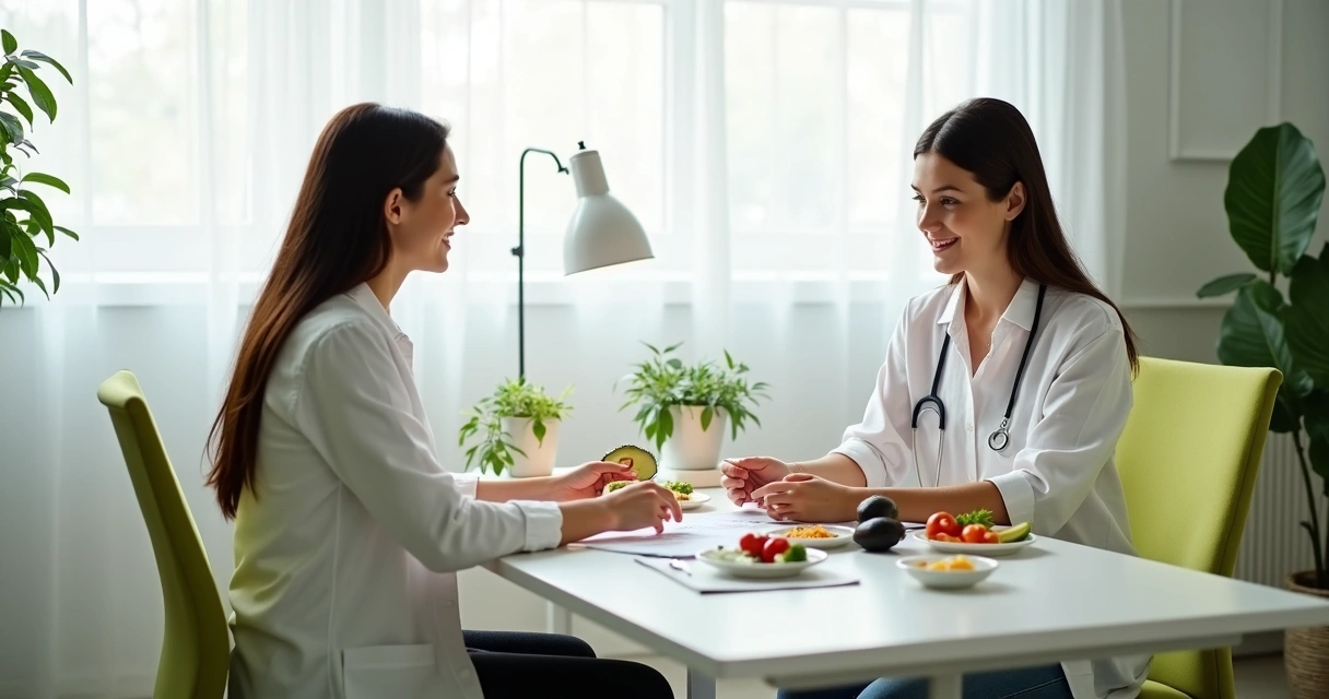 Mulher conversando com nutricionista em consultório sobre dietas 