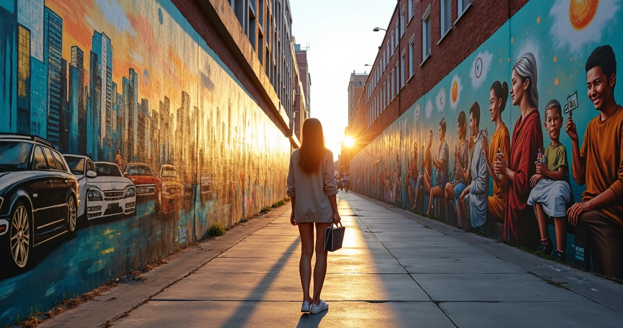 Mulher observa dois murais de grafite contrastando riqueza material e conexão humana 