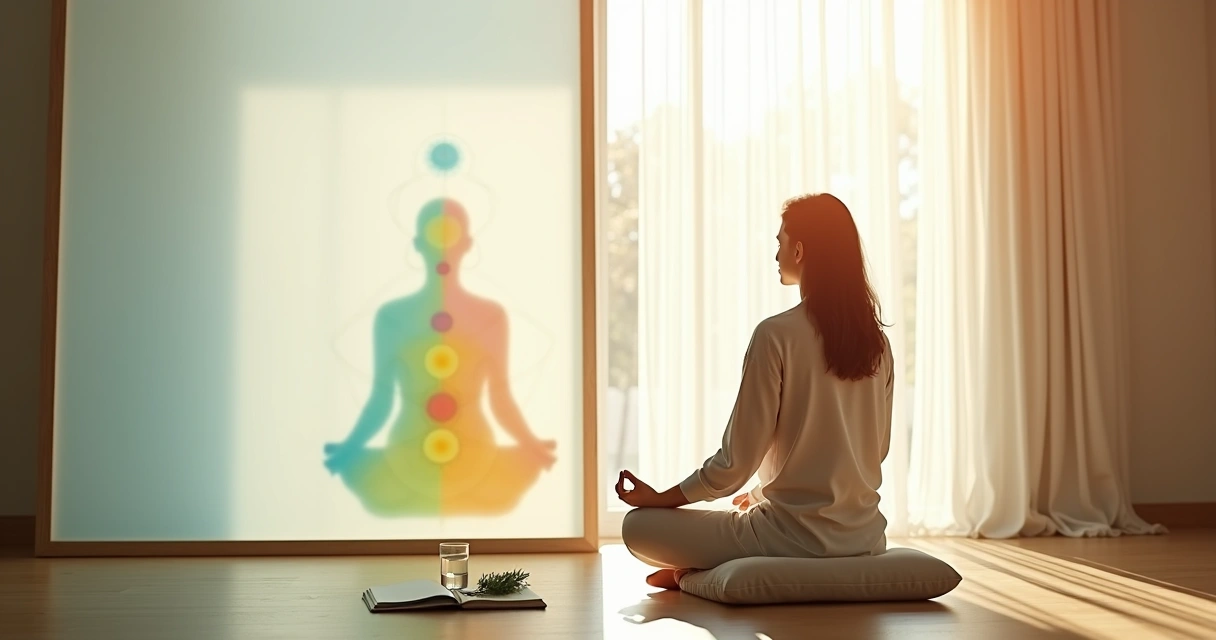 Mulher sentada em sala clara com silhueta refletida preenchida por cores suaves 