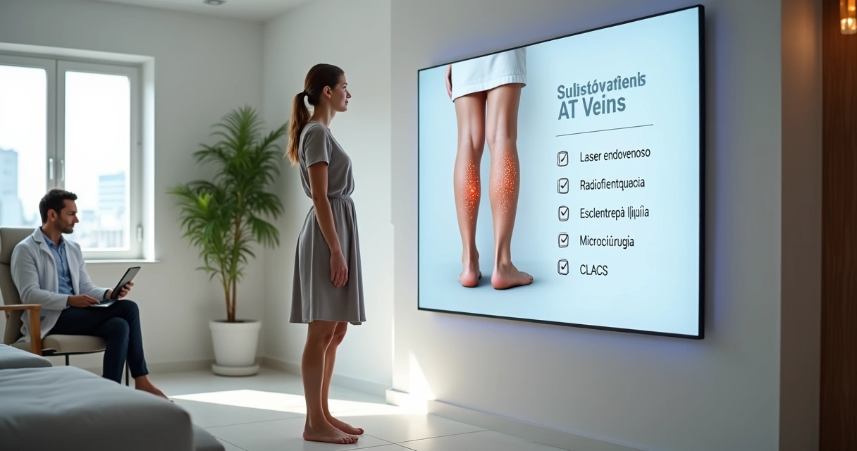 Mulher em clínica moderna analisando painel com tratamentos para varizes nas pernas 