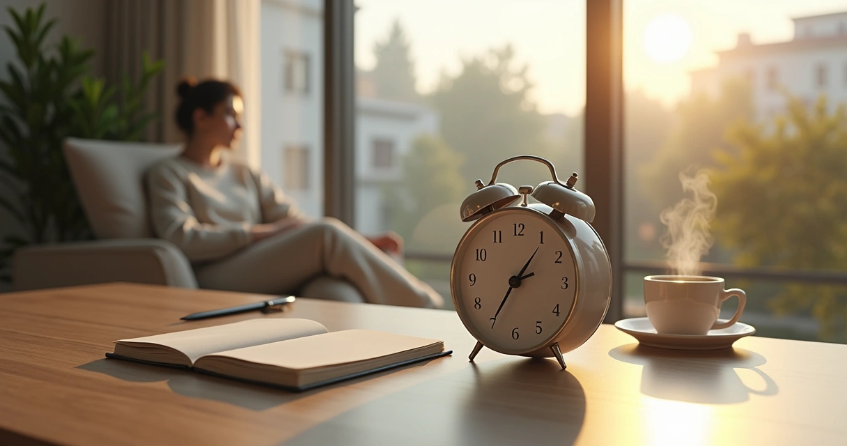 Pessoa sentada perto da janela observando um relógio analógico sobre a mesa 