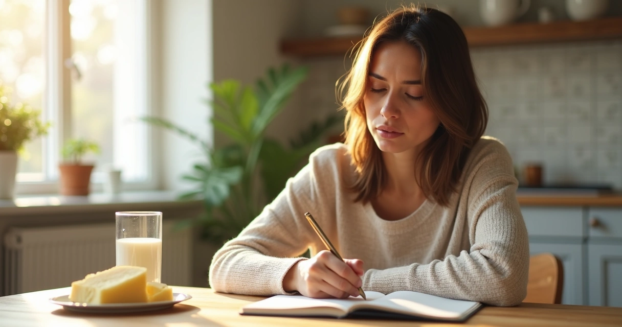 Mulher observando sintomas digestivos após consumo de laticínios em ambiente doméstico 