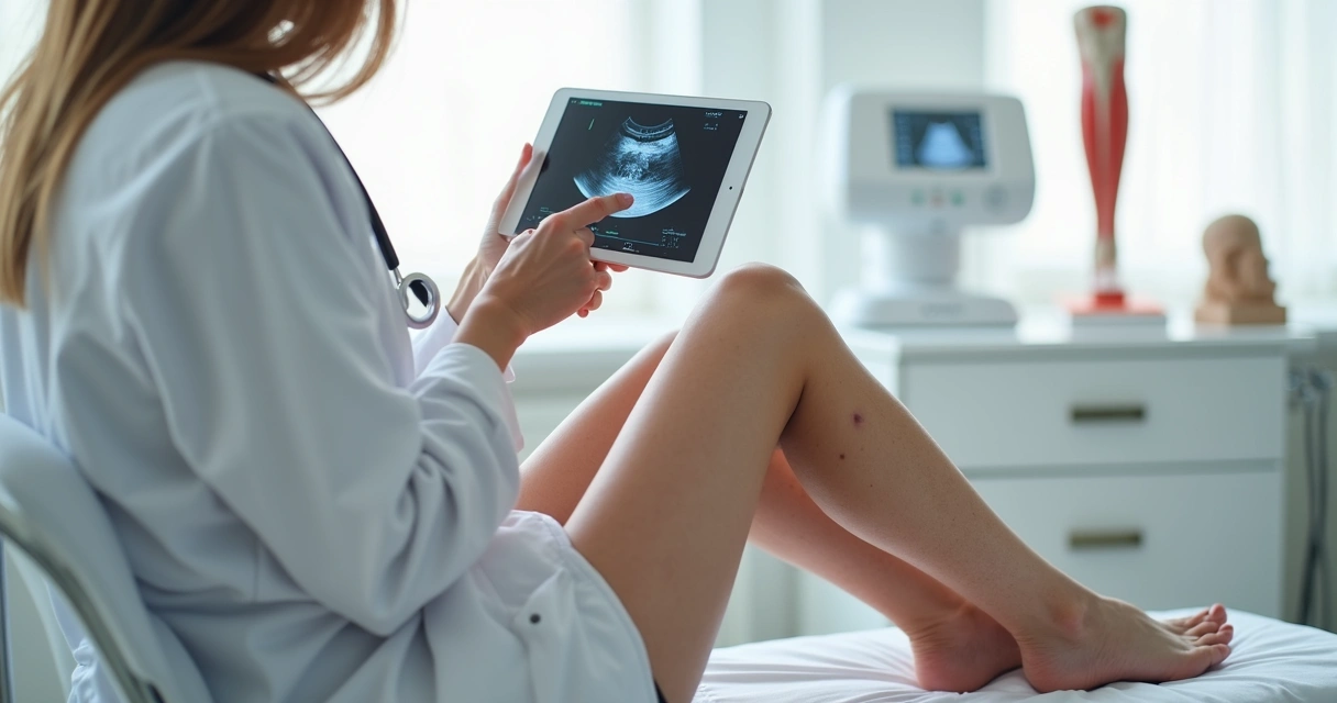 Mulher adulta observando varizes iniciais nas pernas em consultório médico 