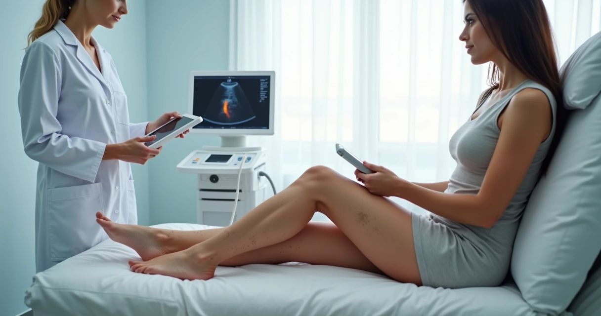 Mulher observando varizes nas pernas em consultório médico vascular 