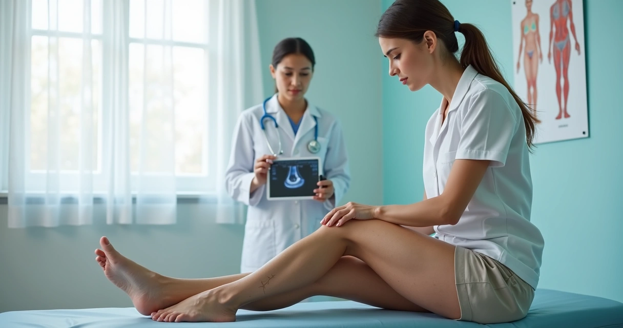 Mulher adulta observando varizes visíveis nas pernas em ambiente de consultório 