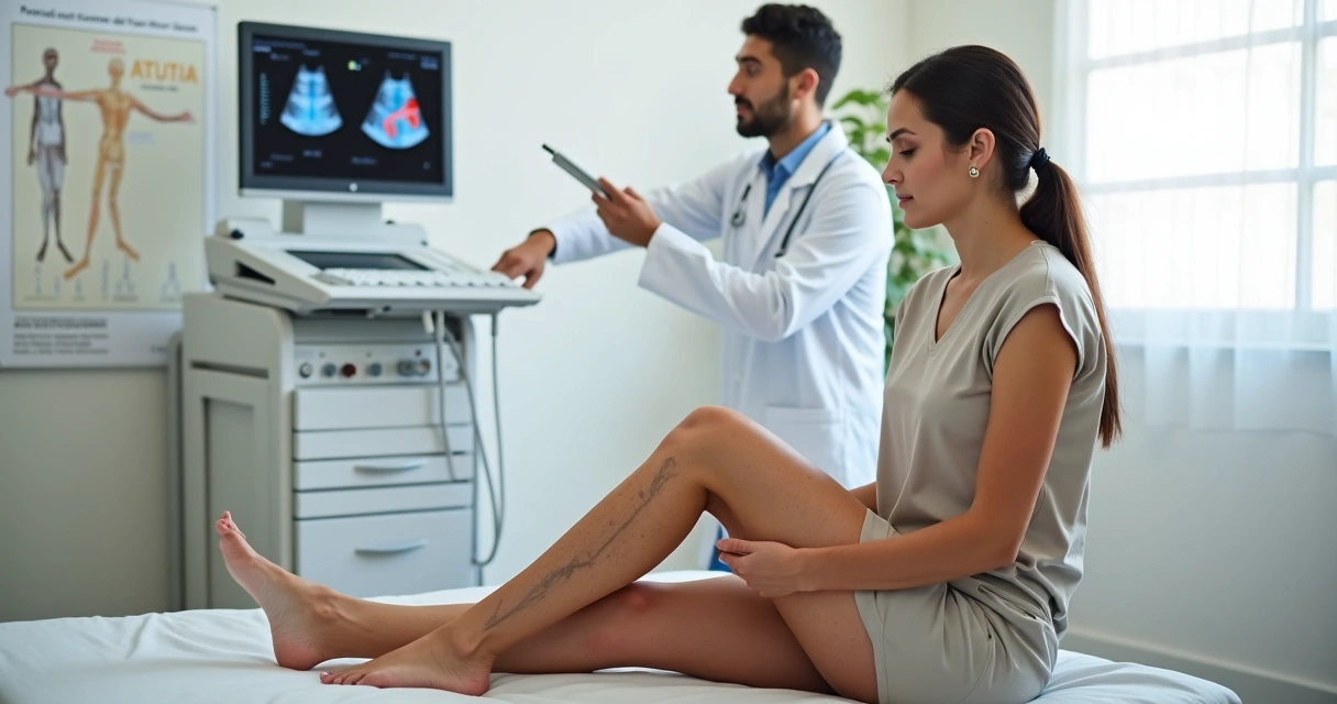 Mulher adulta observando varizes nas pernas em consultório vascular 