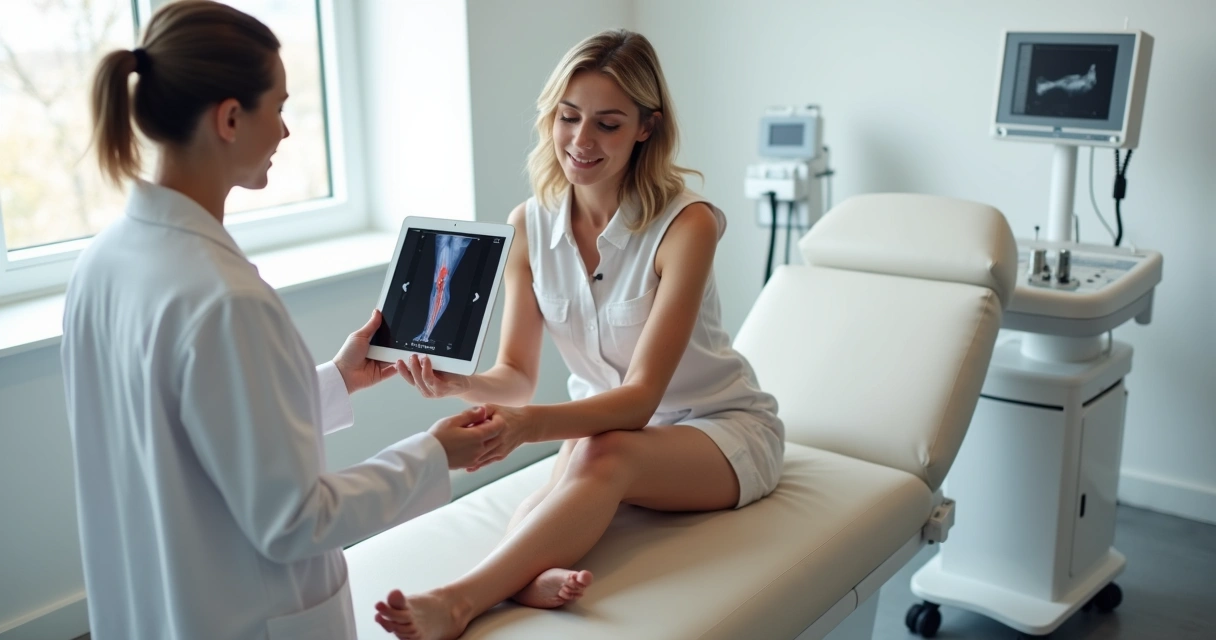 Mulher avaliando varizes nas pernas em clínica vascular moderna 
