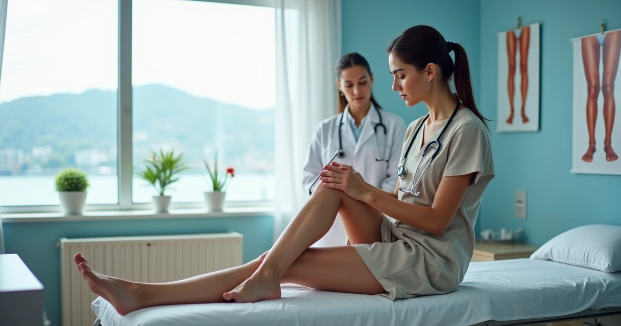 Mulher adulta observando varizes nas pernas em consultório vascular 