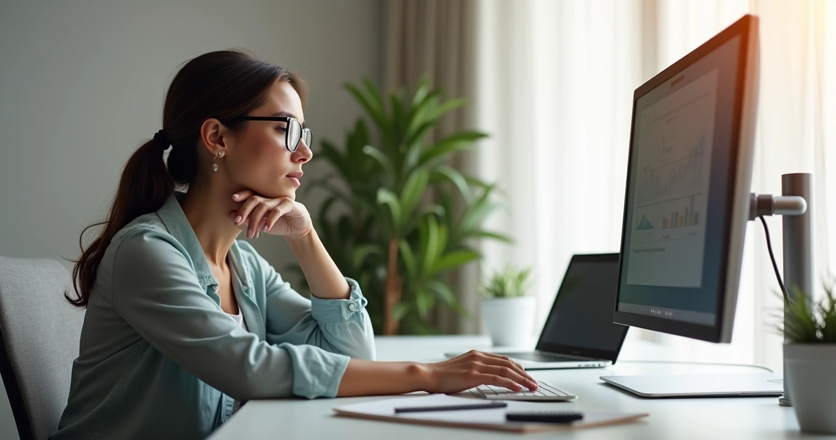 Mulher com óculos multifocal tocando o pescoço dolorido em frente a monitor 