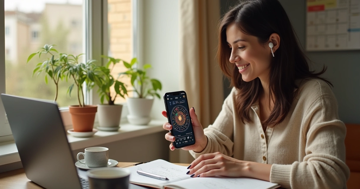Mulher ocupada usando fones de ouvido e olhando mapa astral no celular 