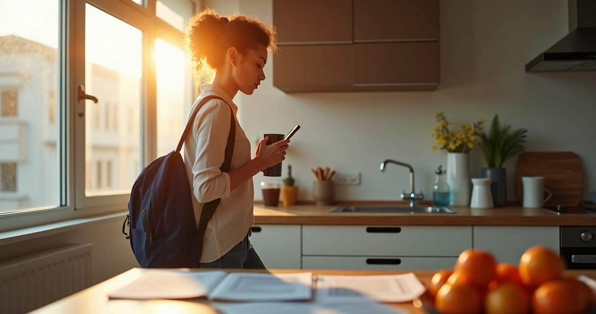 Mulher tomando café enquanto se prepara para o trabalho 