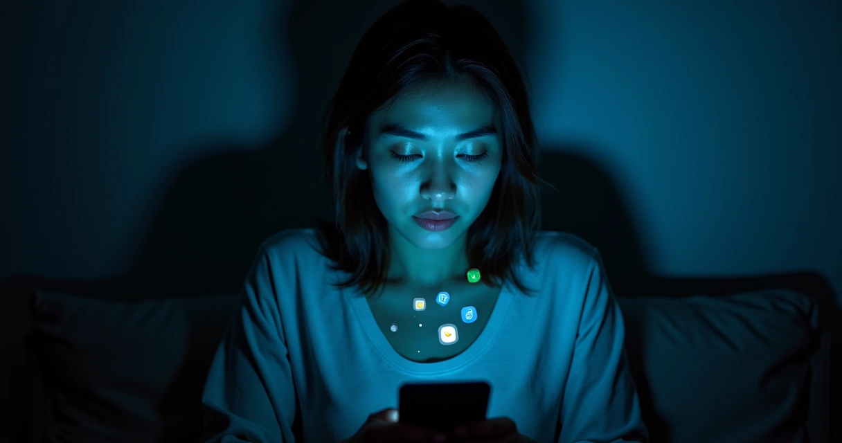 Mulher olhando para o celular em ambiente escuro 