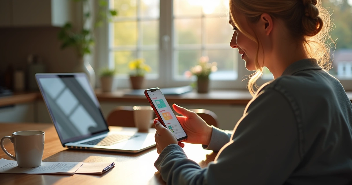 Mulher olhando celular com notificações de ofertas aparecendo na tela 