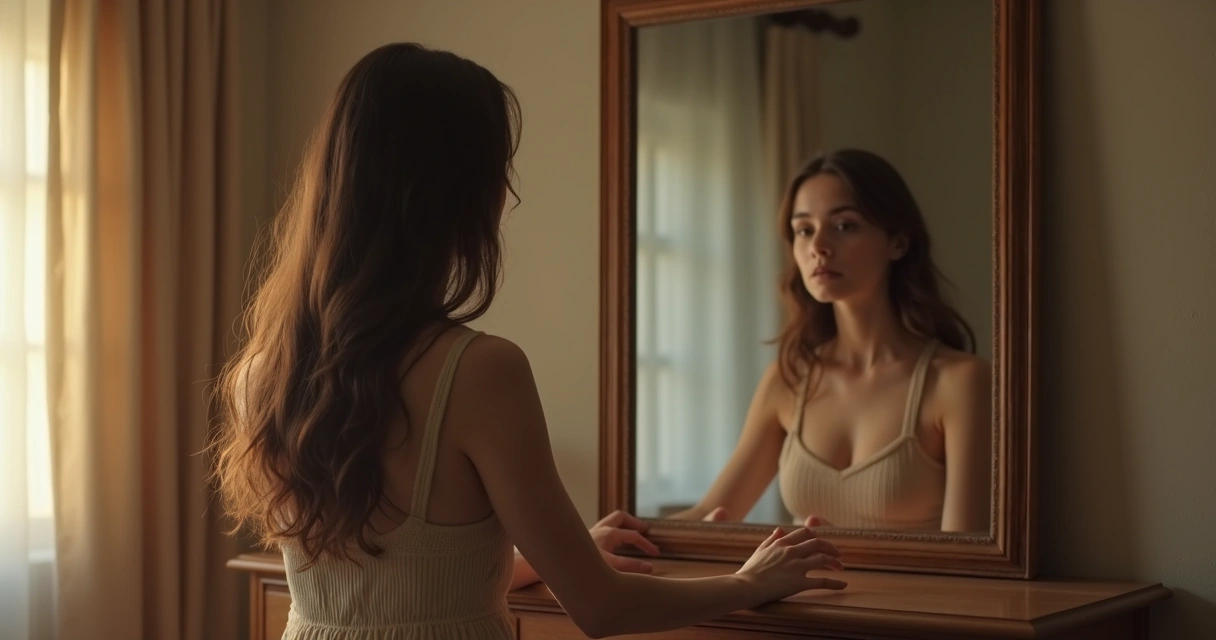 Mulher olhando para seu reflexo no espelho