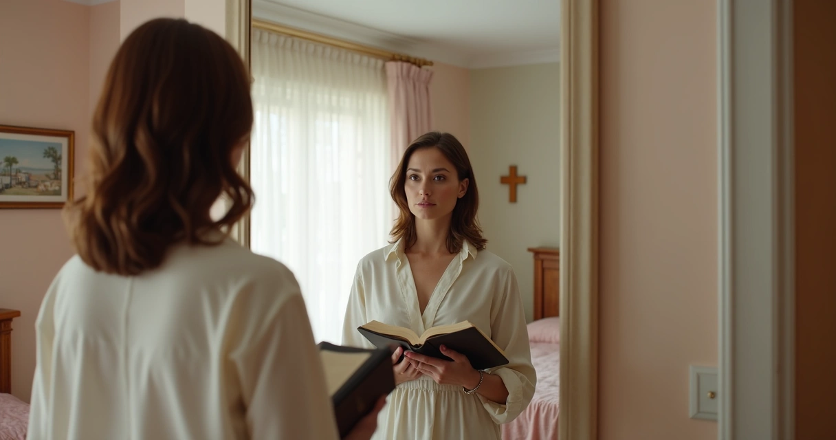 Mulher segurando uma Bíblia enquanto se olha no espelho