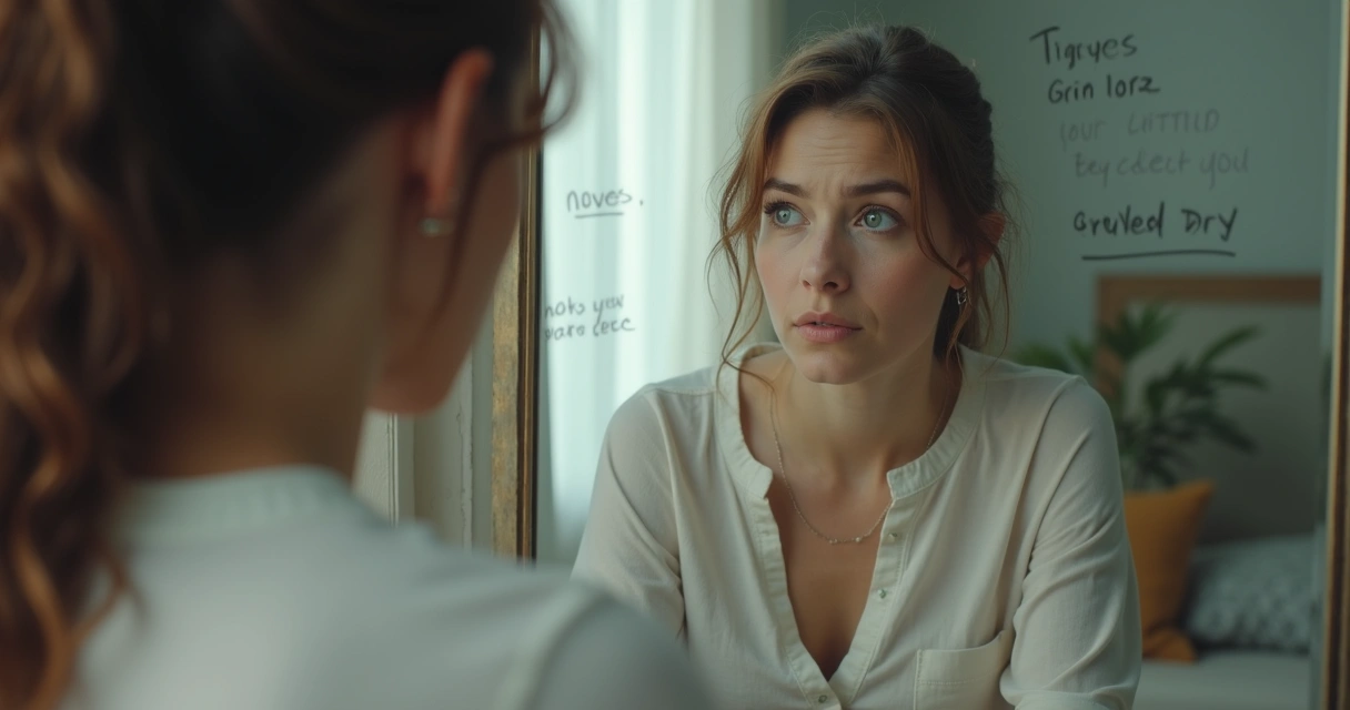 Mulher diante do espelho com expressão reflexiva.