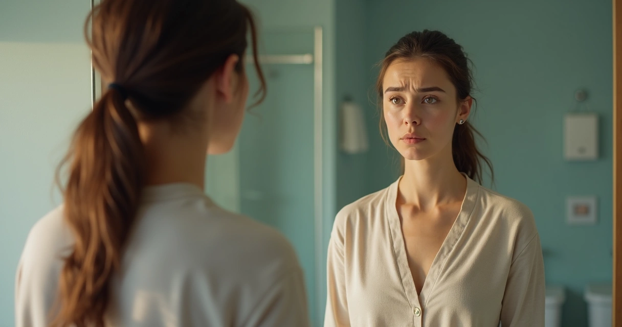 Mulher olhando para o espelho com expressão preocupada e postura retraída 