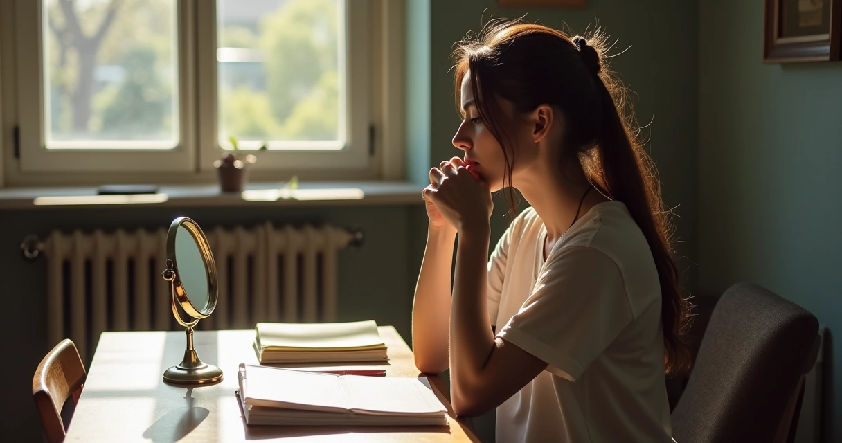 Mulher olhando o próprio reflexo em um espelho redondo de mesa 