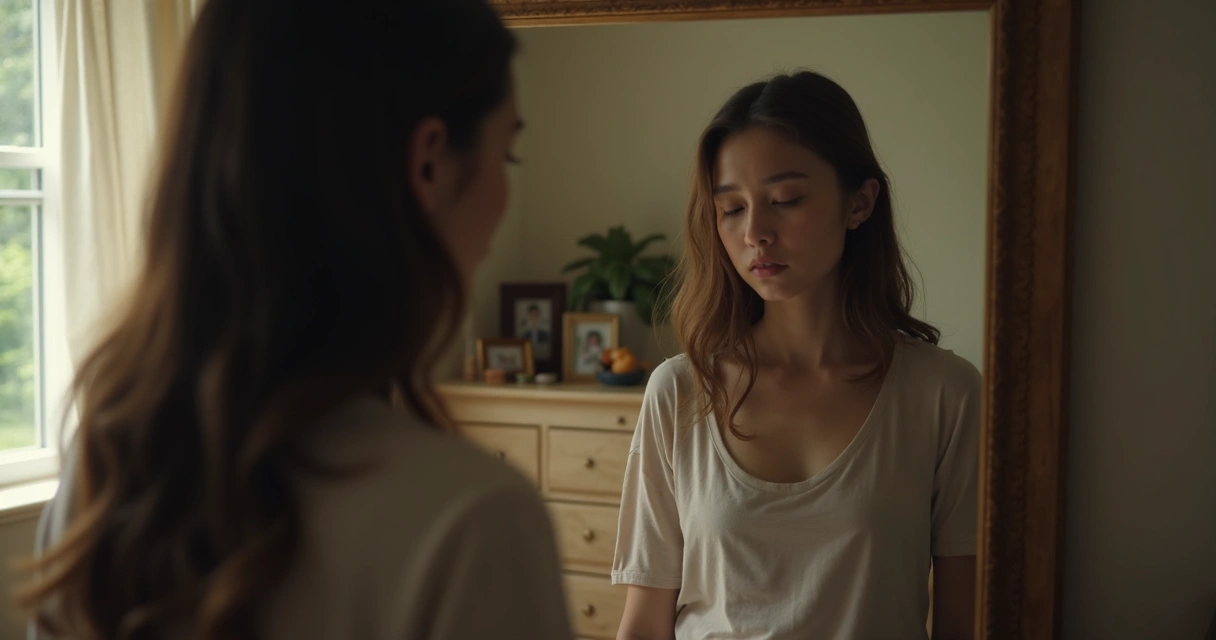 Mulher refletindo olhando para o espelho