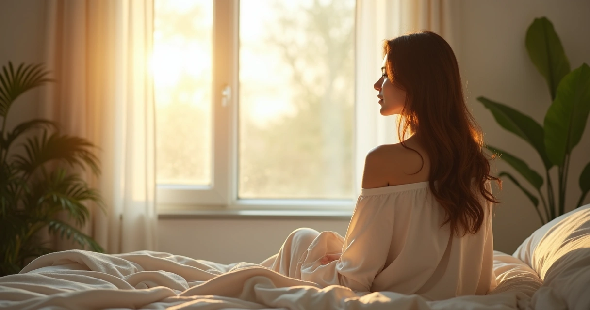 Mulher sentada na cama olhando pela janela com luz da manhã 
