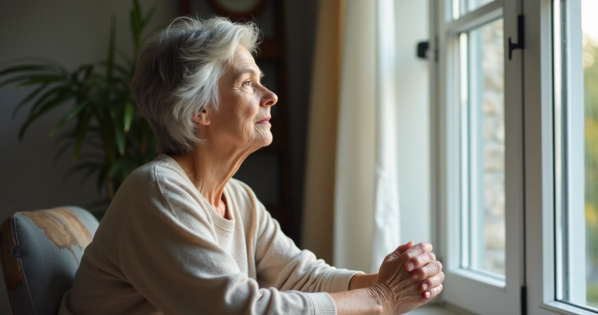 Mulher madura olhando pela janela com expressão reflexiva 