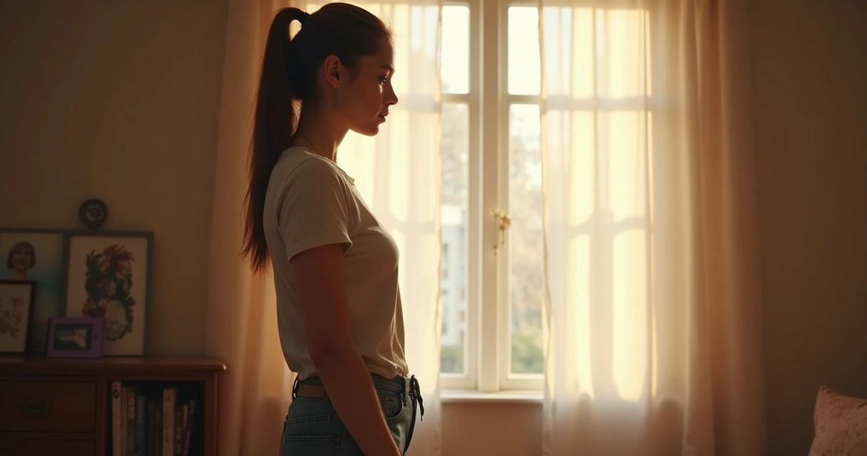 Mulher olhando pela janela em ambiente doméstico