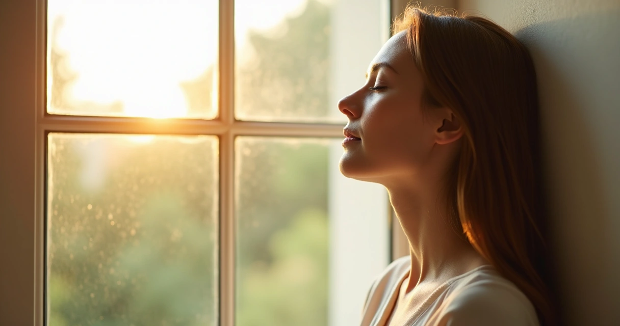 Mulher encostada em uma janela, olhos fechados, respirando profundamente, ambiente com luz suave matinal