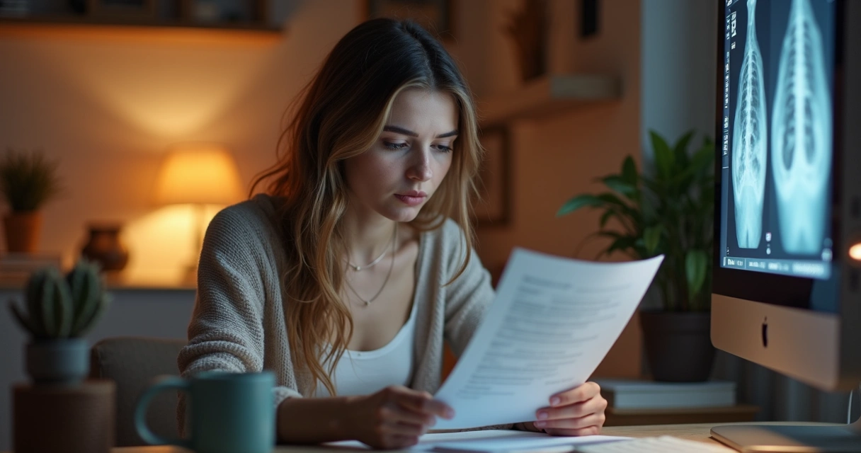 Mulher analisa laudo médico de exame de mama 